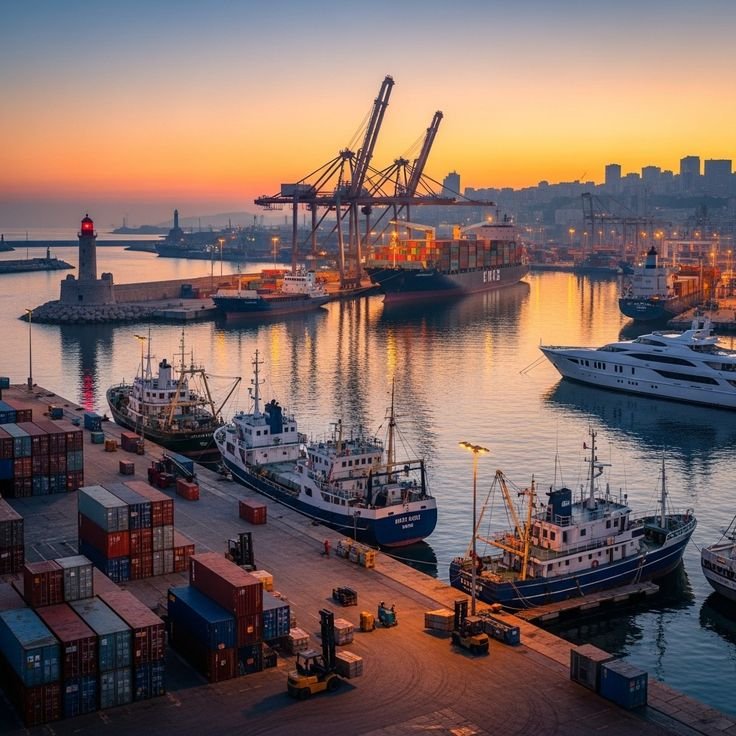 Shipping port at sunset with Atlas Transit containers