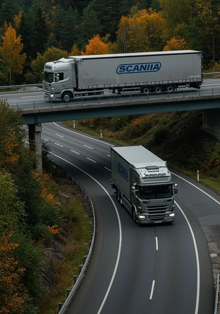 Logistics semi-truck driving on a highway at sunrise
