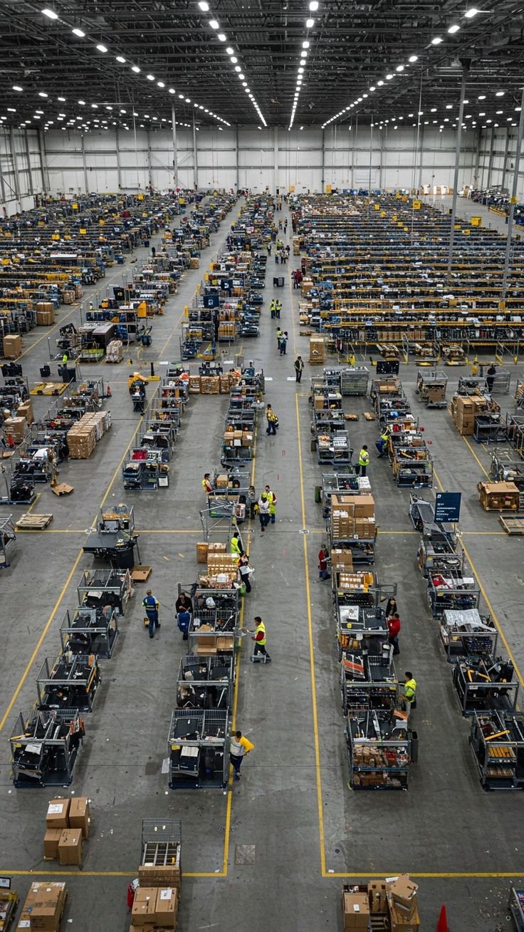 Automated warehouse interior with organized pallet racks
